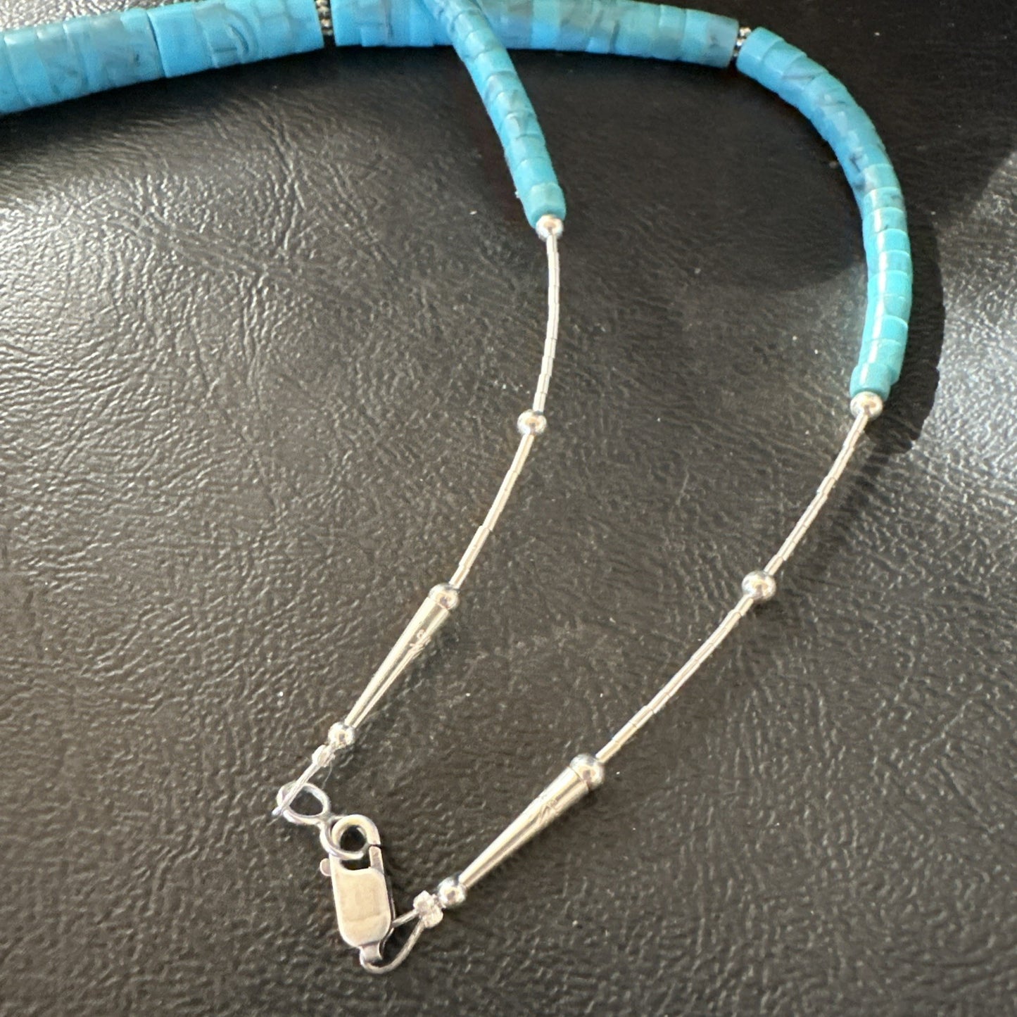 Blue Robin Egg Turquoise Heishi Stabilized Graduated Sterling 23” Necklace 19725