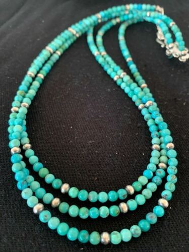 Navajo Blue Turquoise 4mm Bead 3 Strand Necklace Sterling Silver 4827