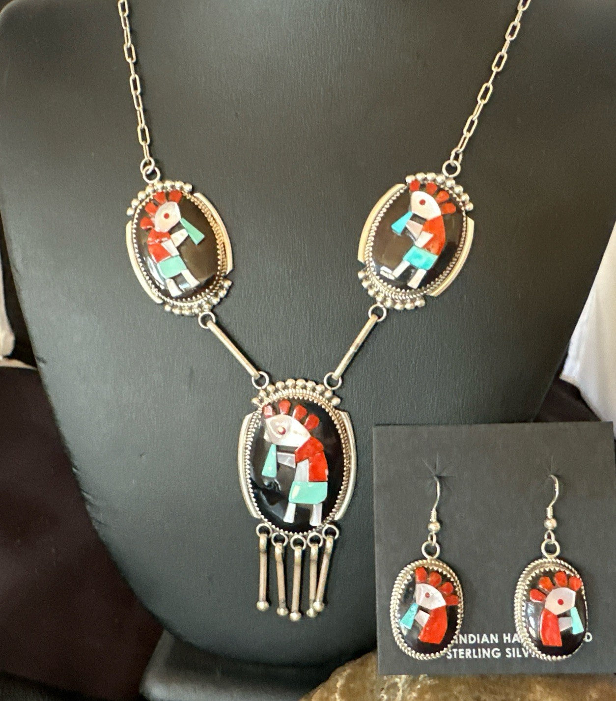 Kokopelli Turquoise Coral Zuni Inlay Sterling Silver Necklace Earrings 19078 Set