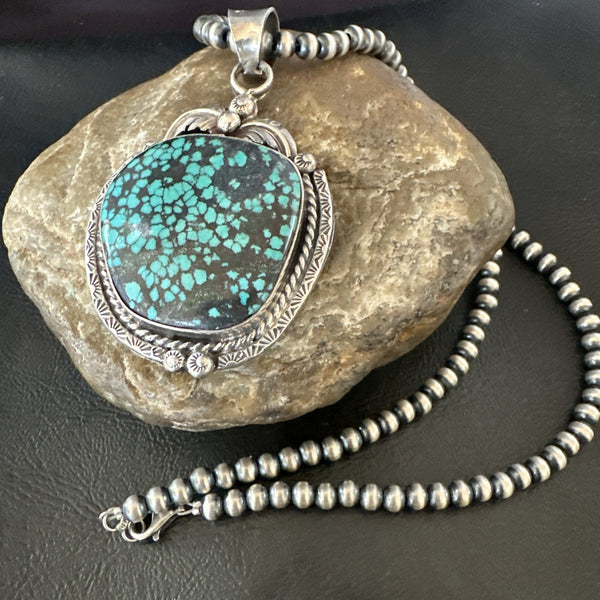Women's Navajo Blue Spiderweb Turquoise Necklace Pendant | Sterling Silver | Authentic Native American Handmade | 19297
