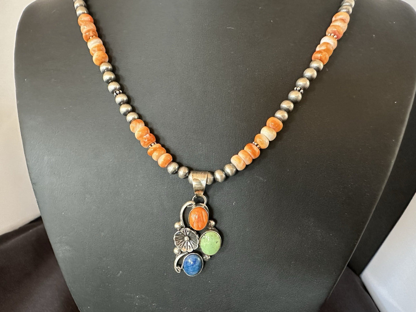 Orange Spiny Oyster Navajo Pearls Sterling Silver Necklace Pendant 19379