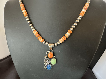 Orange Spiny Oyster Navajo Pearls Sterling Silver Necklace Pendant 19379