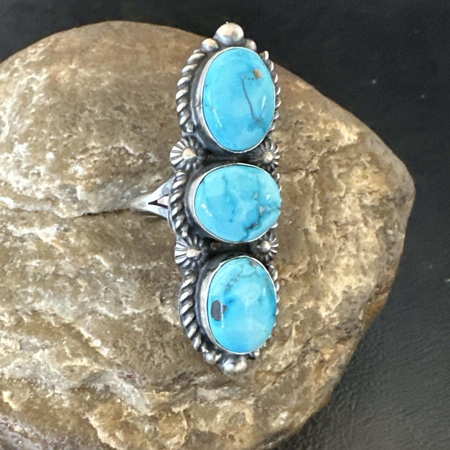Navajo Sterling Silver Cluster Blue Turquoise 3 Stone Ring Sz 8 18597