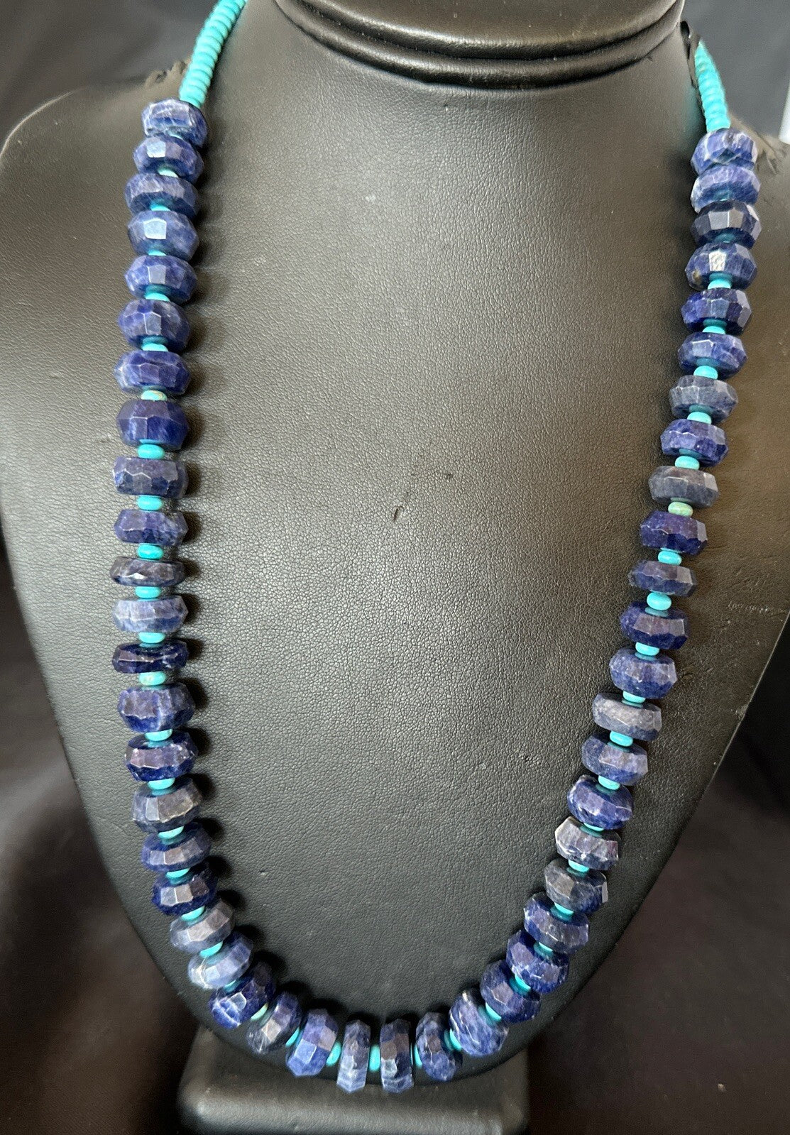 Mens Turquoise 12mm Faceted Lapis Bead Navajo Sterling Silver Necklace 21" 18277