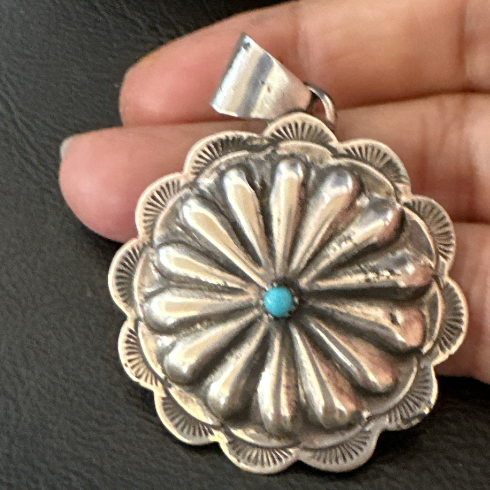 Navajo Native American Turquoise Pendant  Stamped Sterling Silver 1” 19687