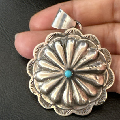 Navajo Native American Turquoise Pendant  Stamped Sterling Silver 1” 19687