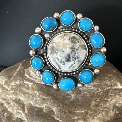 White Buffalo Kingman Turquoise Navajo Sterling Silver Cluster Ring Size 9 18396