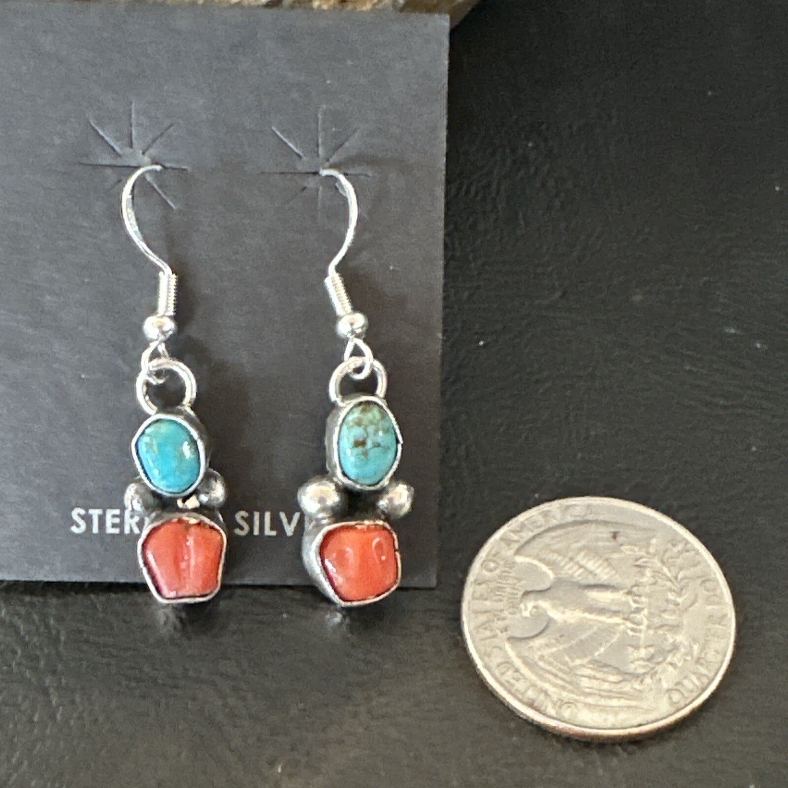 Handmade Blue Turquoise Red Coral Sterling Silver Navajo Dangle Earrings 18840