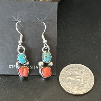 Handmade Blue Turquoise Red Coral Sterling Silver Navajo Dangle Earrings 18840