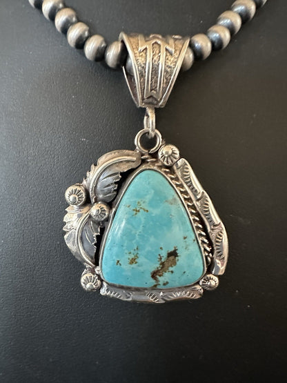 Blue Kingman Turquoise Pendant Navajo Pearls Sterling Silver Necklace 19389