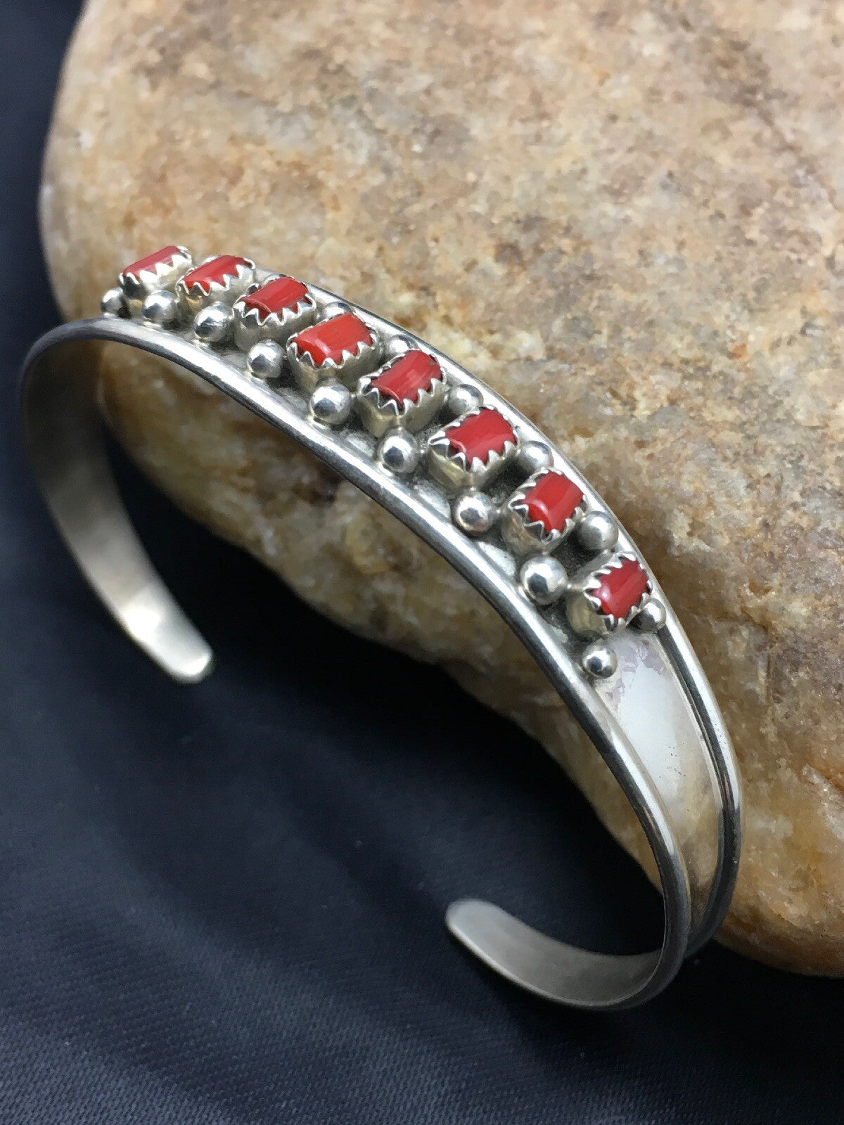 Native American Indian Coral Petite Navajo Sterling Silver Bracelet 04027