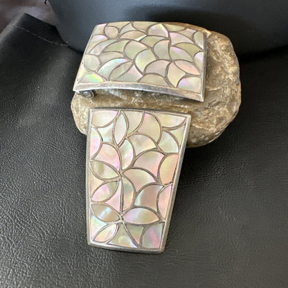 White Mother Of Pearl Zuni Sterling Silver Old Pawn Bolo Tie Belt Buckle 18140