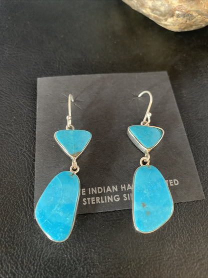 Blue Kingman Turquoise Navajo Sterling Silver Dangle Earrings 14073