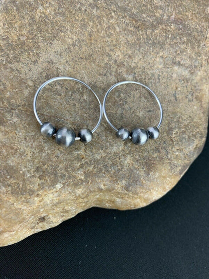 Native American Indian Sterling Silver Beads Hoop Earrings 03755