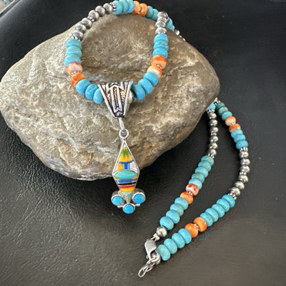 Multicolor Turquoise Pendant Navajo Sterling Silver Beads Necklace 18730