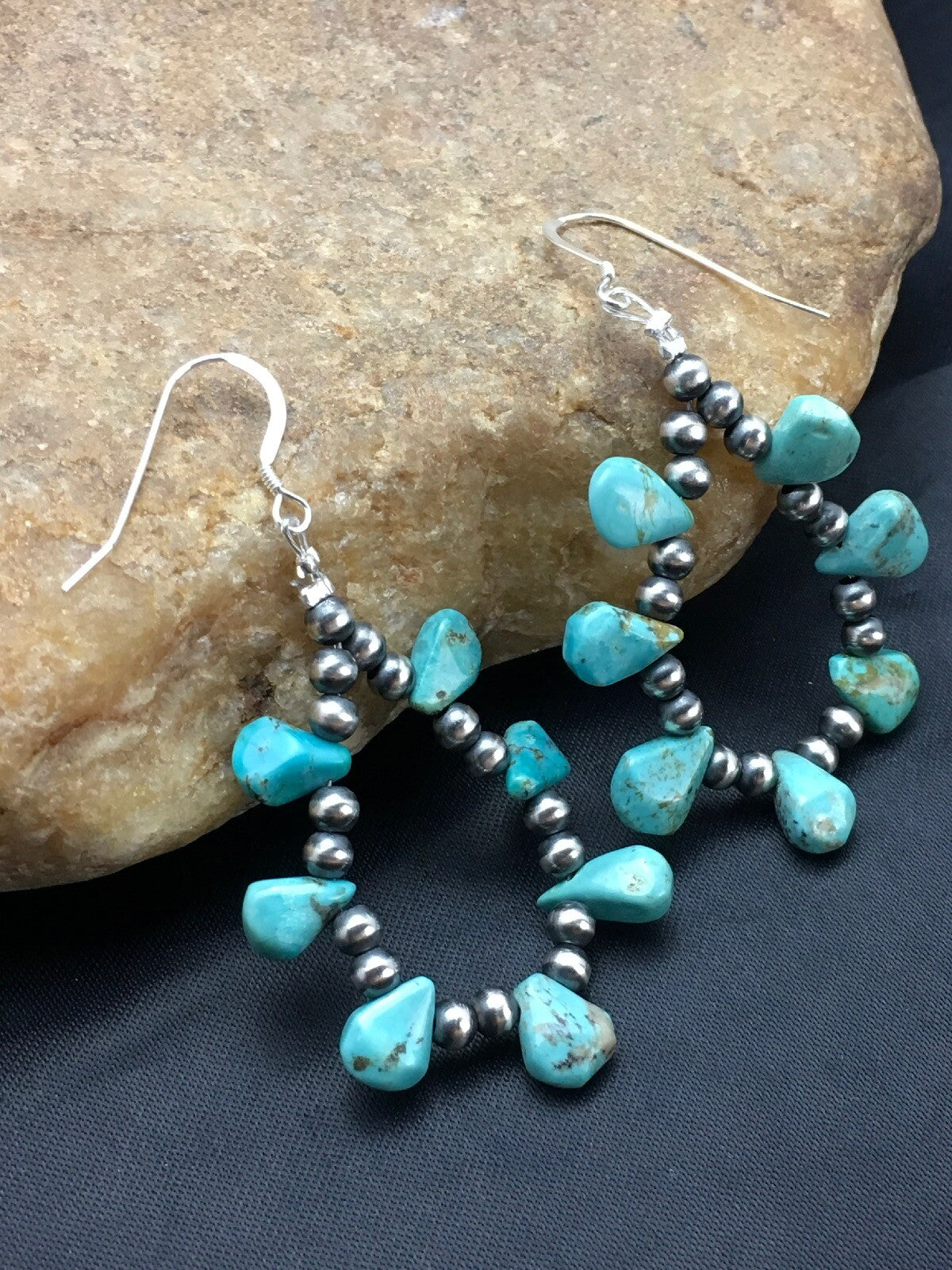 Blue Turquoise Cluster Navajo Sterling Silver Earrings 2" 02971