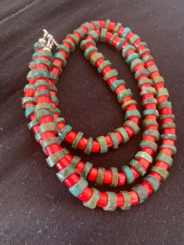 Turquoise & Coral Heishi Bead Navajo Sterling Silver Necklace 21” 04757