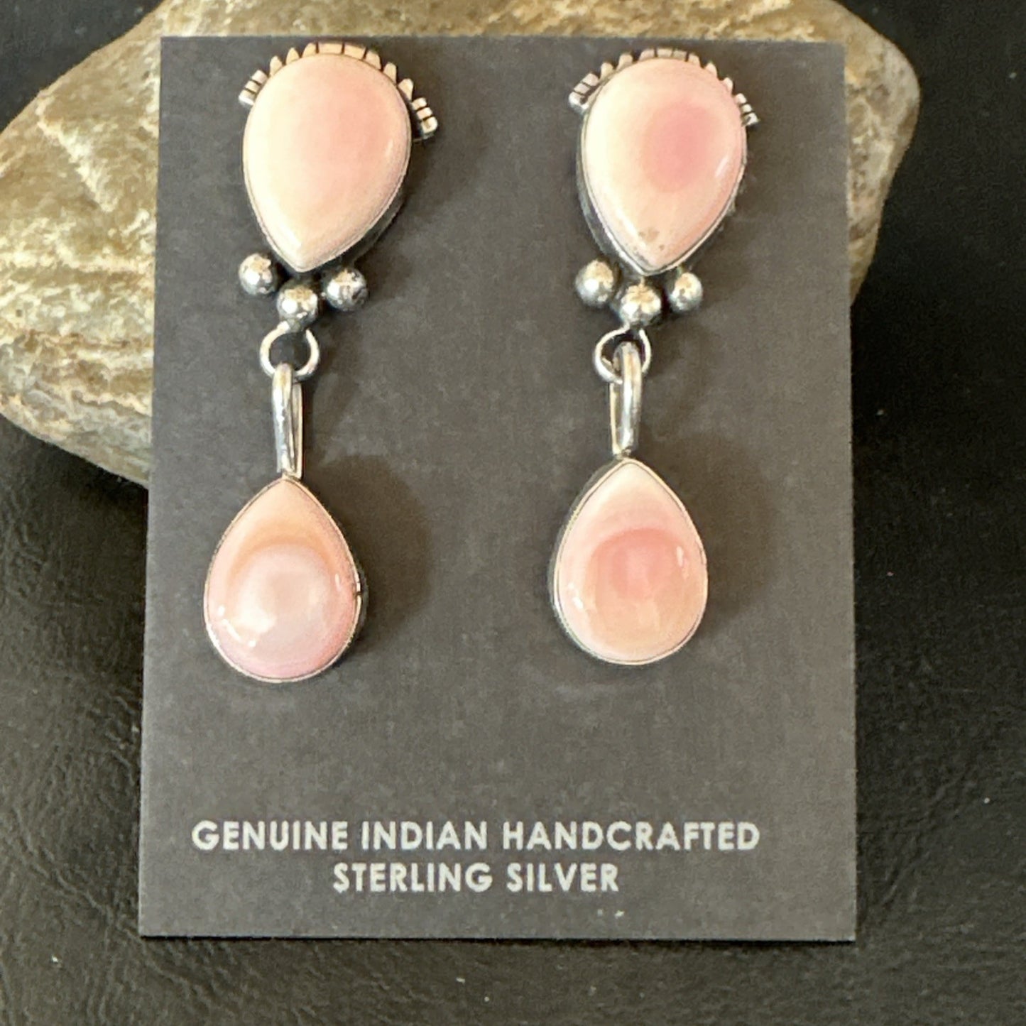Yazzie Pink Queen Conch Navajo Sterling Silver Post Dangle Earrings 19796