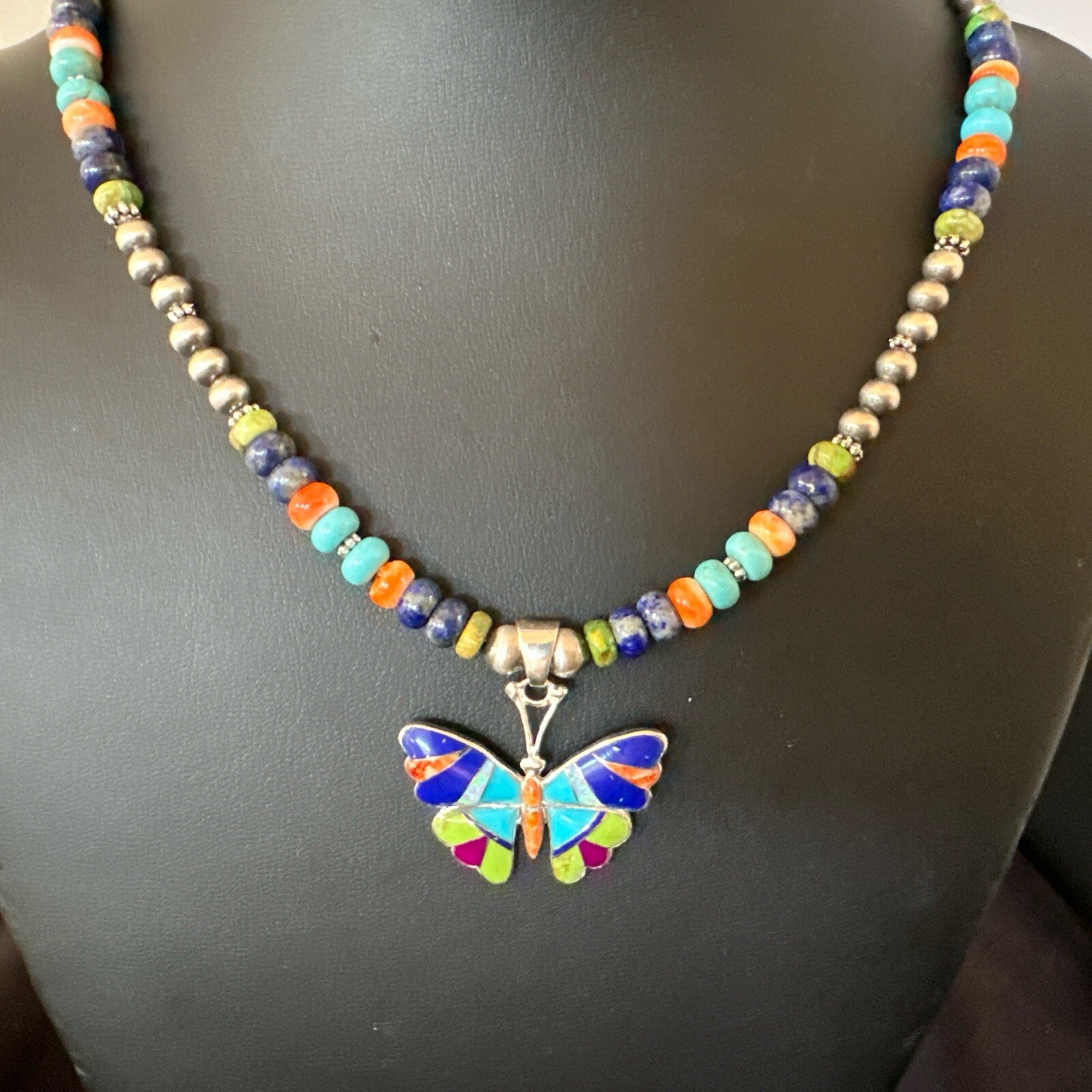 Butterfly Multicolor Turquoise Pendant Navajo Sterling Silver Necklace 18729