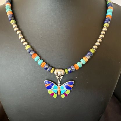Butterfly Multicolor Turquoise Pendant Navajo Sterling Silver Necklace 18729