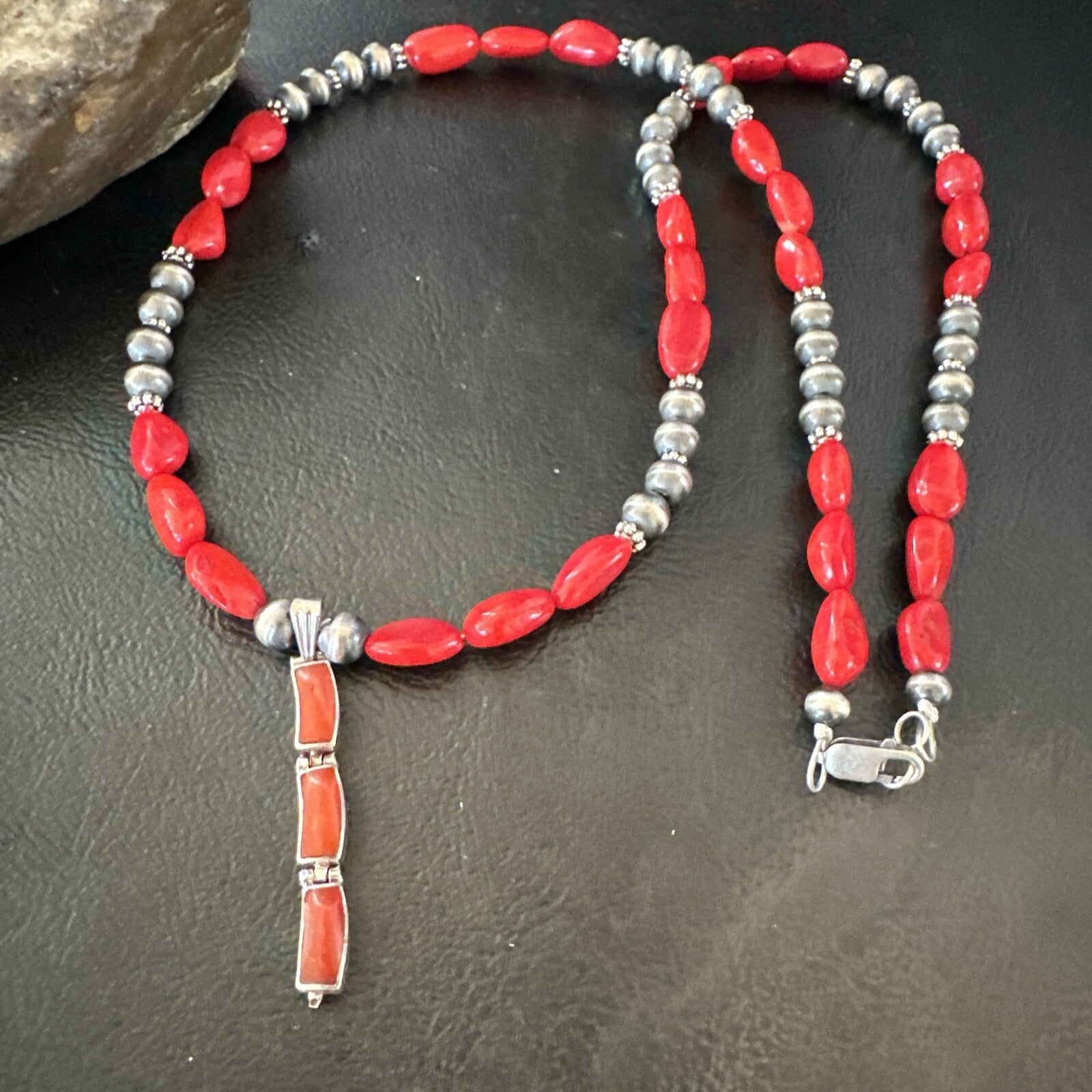 Red Coral Pendant Navajo Pearls Sterling Silver Necklace 23" 18363