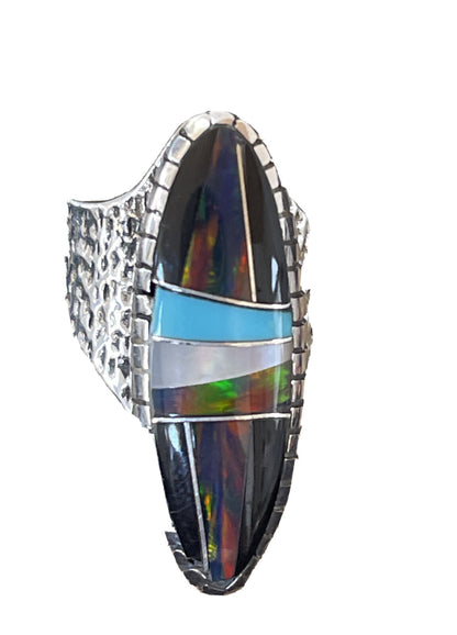 Navajo Multi-Color Opal & Turquoise Inlay Sterling Silver Ring Size 7 01584
