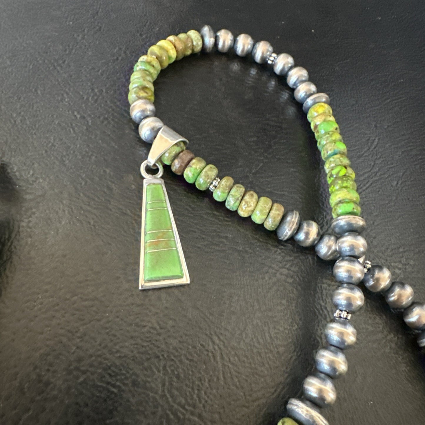 Womens Green Gaspeite Turquoise Pendant Navajo Sterling Silver Necklace 18371