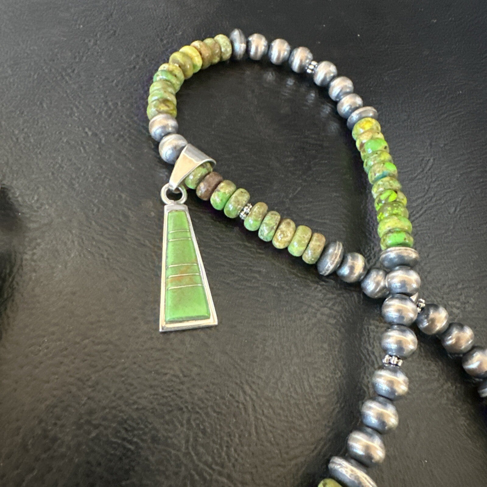 Womens Green Gaspeite Turquoise Pendant Navajo Sterling Silver Necklace 18371