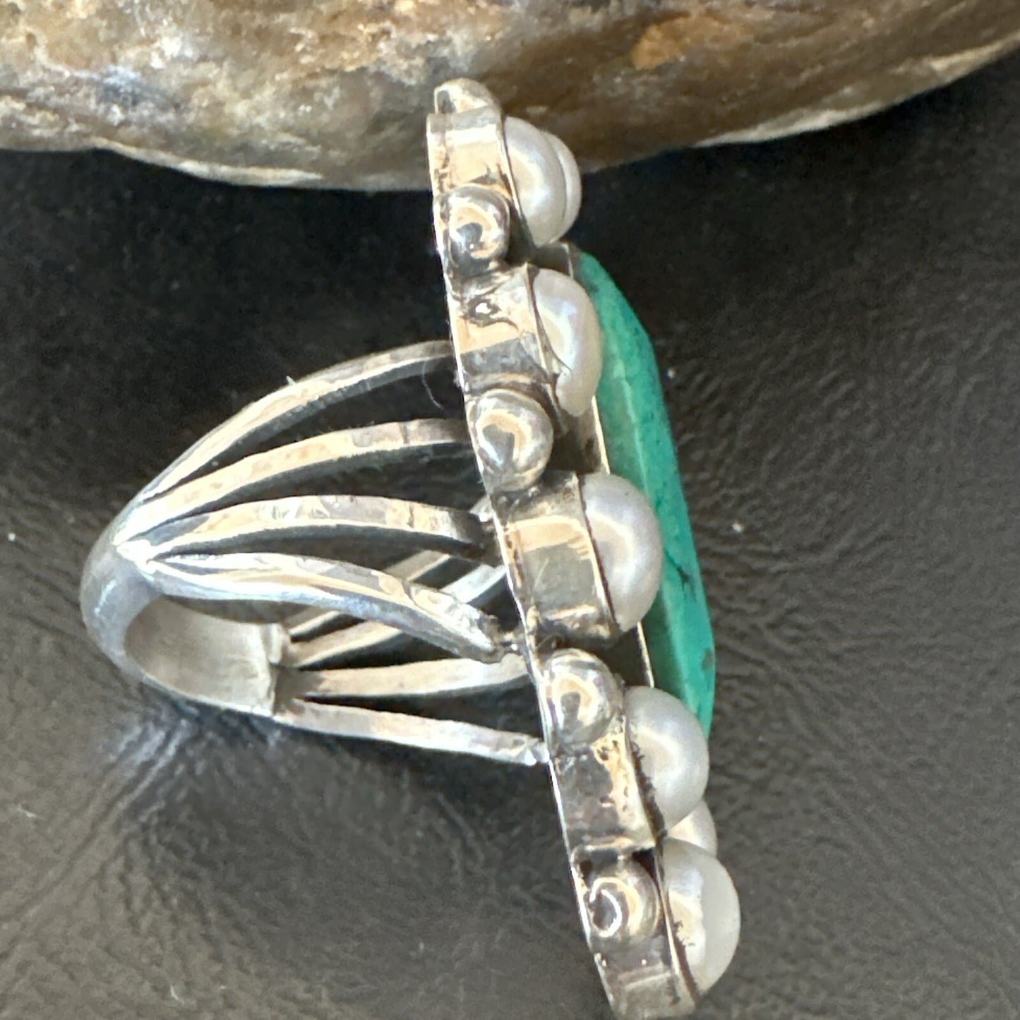 Blue Turquoise White Pearls Navajo Sterling Silver Cluster Ring Size 10.5 18398