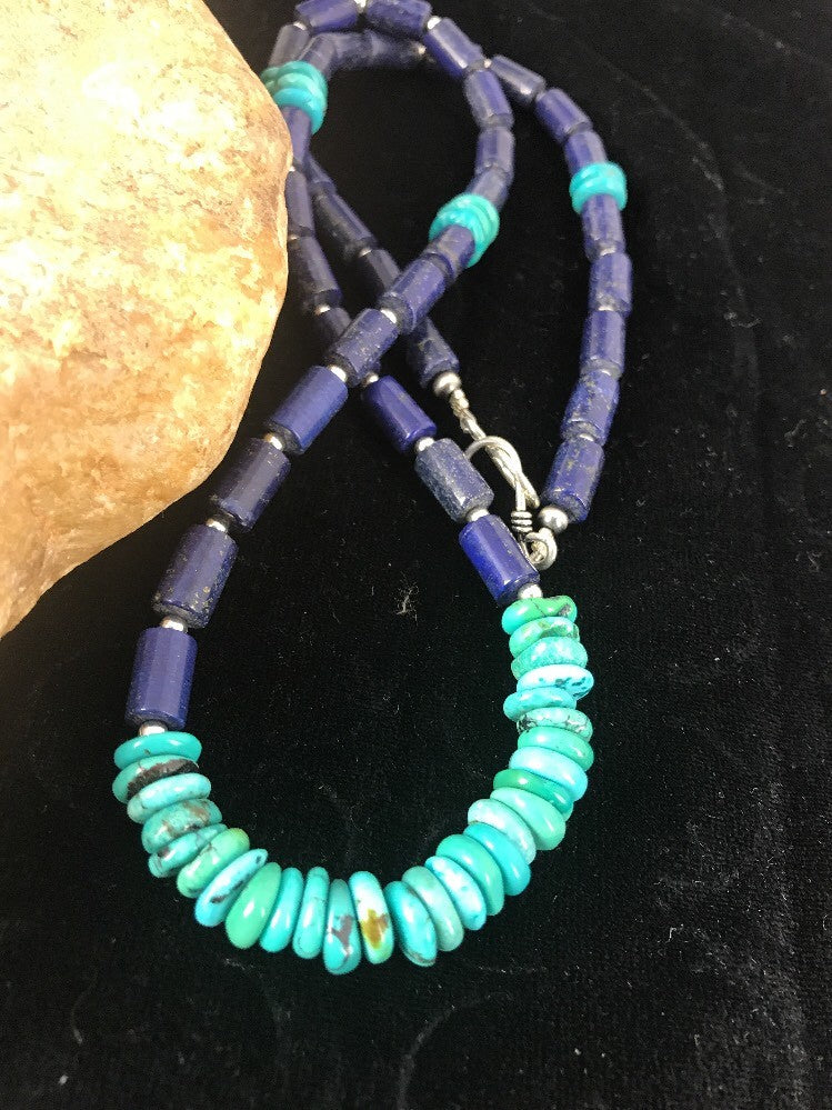 Blue Turquoise & Lapis Navajo Pearls Sterling Silver Necklace 23" 3245