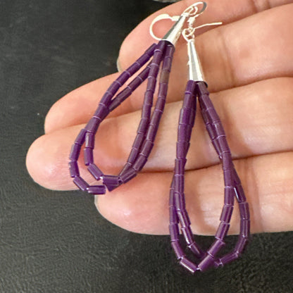 Purple Stone 2 Strands Heishi Sterling Silver Dangle Earrings 17929