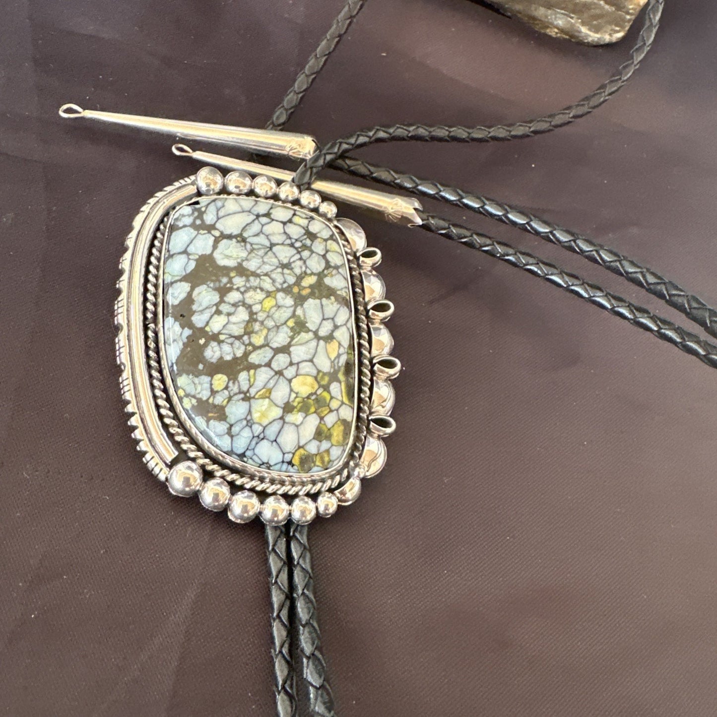 Mens BOLO TIE WHITE BUFFALO TURQUOISE Sterling Silver Navajo 2.7”19595