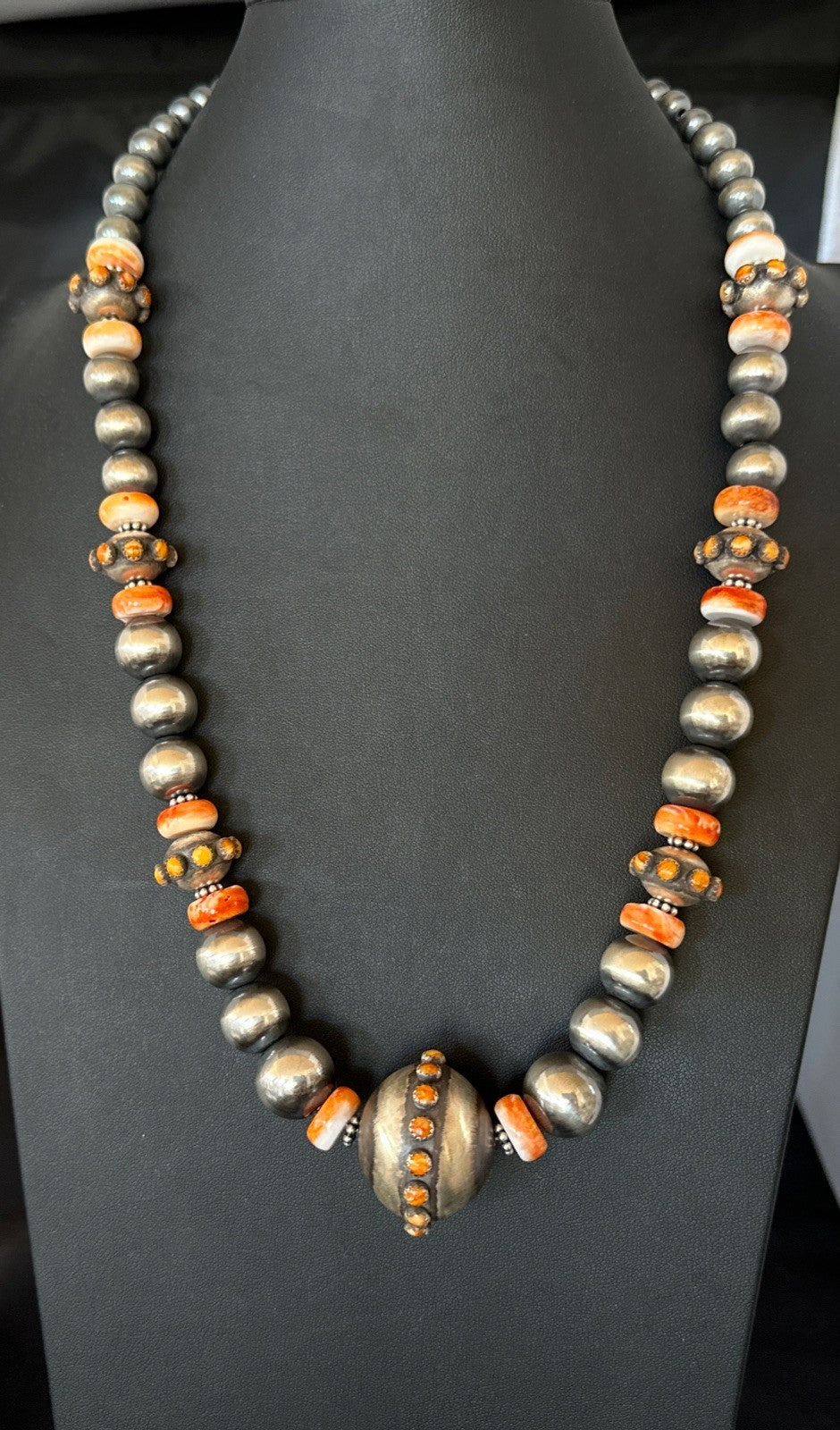 XL Orange Spiny Oyster Navajo Pearls Graduated Sterling Bead Necklace 25" 19610