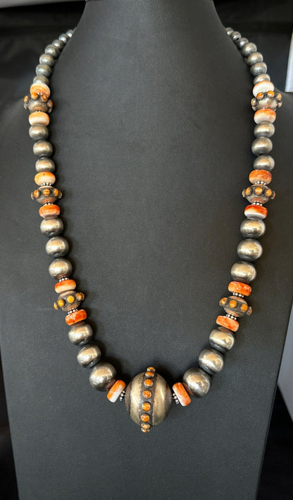 XL Orange Spiny Oyster Navajo Pearls Graduated Sterling Bead Necklace 25" 19610