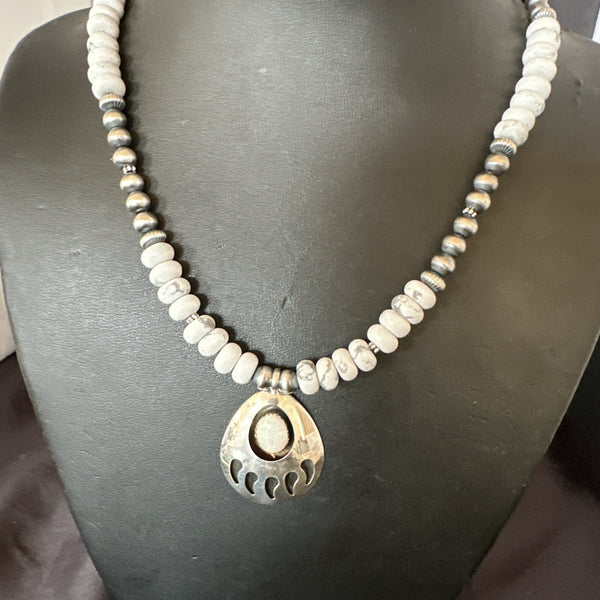 Men's White Opal BearPaw Pendant Navajo Howlite Necklace | Sterling Silver | Authentic Native American Handmade | 17884