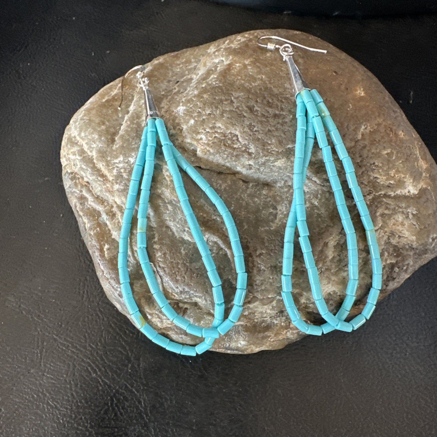 New Blue Turquoise Heishi 2 Strand Dangle Sterling Silver Earrings 3” 19039