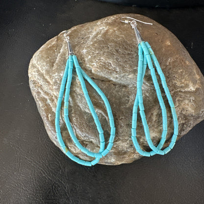 New Blue Turquoise Heishi 2 Strand Dangle Sterling Silver Earrings 3” 19039