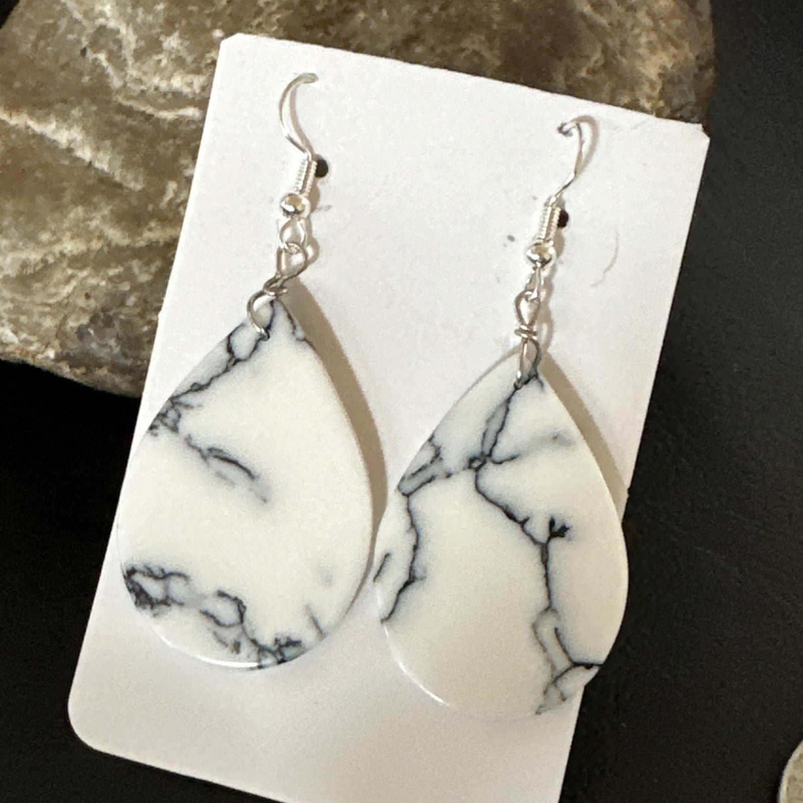 White Howlite Slab Sterling Silver Dangle Earrings 1” 19265