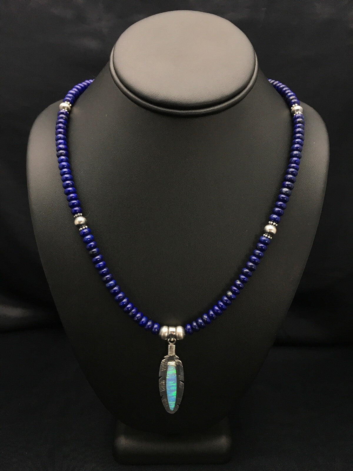 Opal Pendant Lapis Navajo Sterling Silver Beads Necklace & Earring 21" 02798