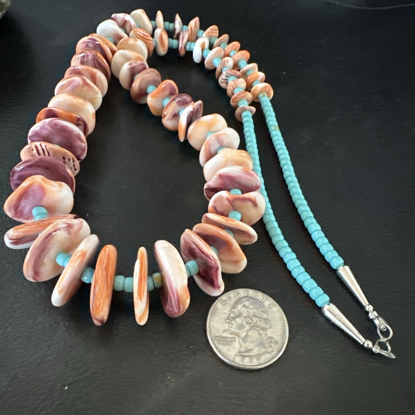 Orange Spiny Oyster Blue Turquoise 26� Navajo Sterling Silver Necklace 17949