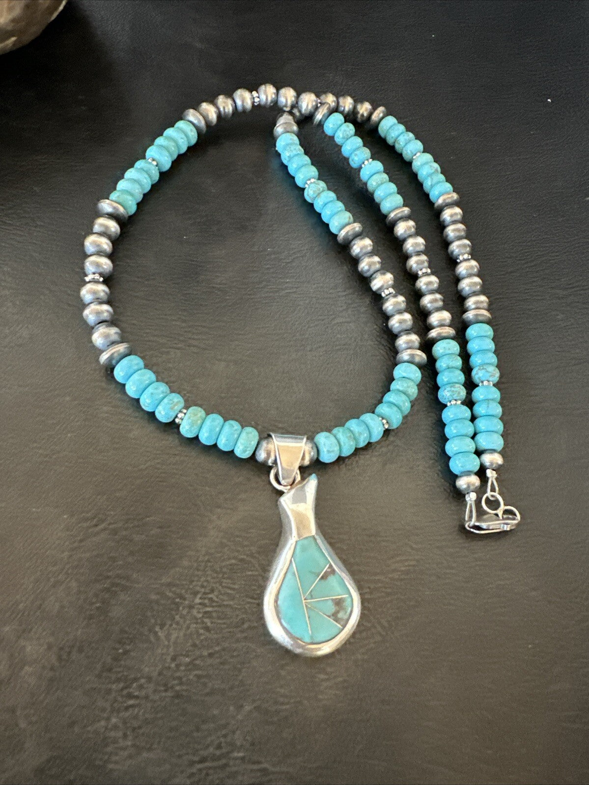 Pottery Blue Kingman Turquoise Pendant Navajo Sterling Silver Necklace 21" 18379