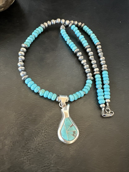 Pottery Blue Kingman Turquoise Pendant Navajo Sterling Silver Necklace 21" 18379