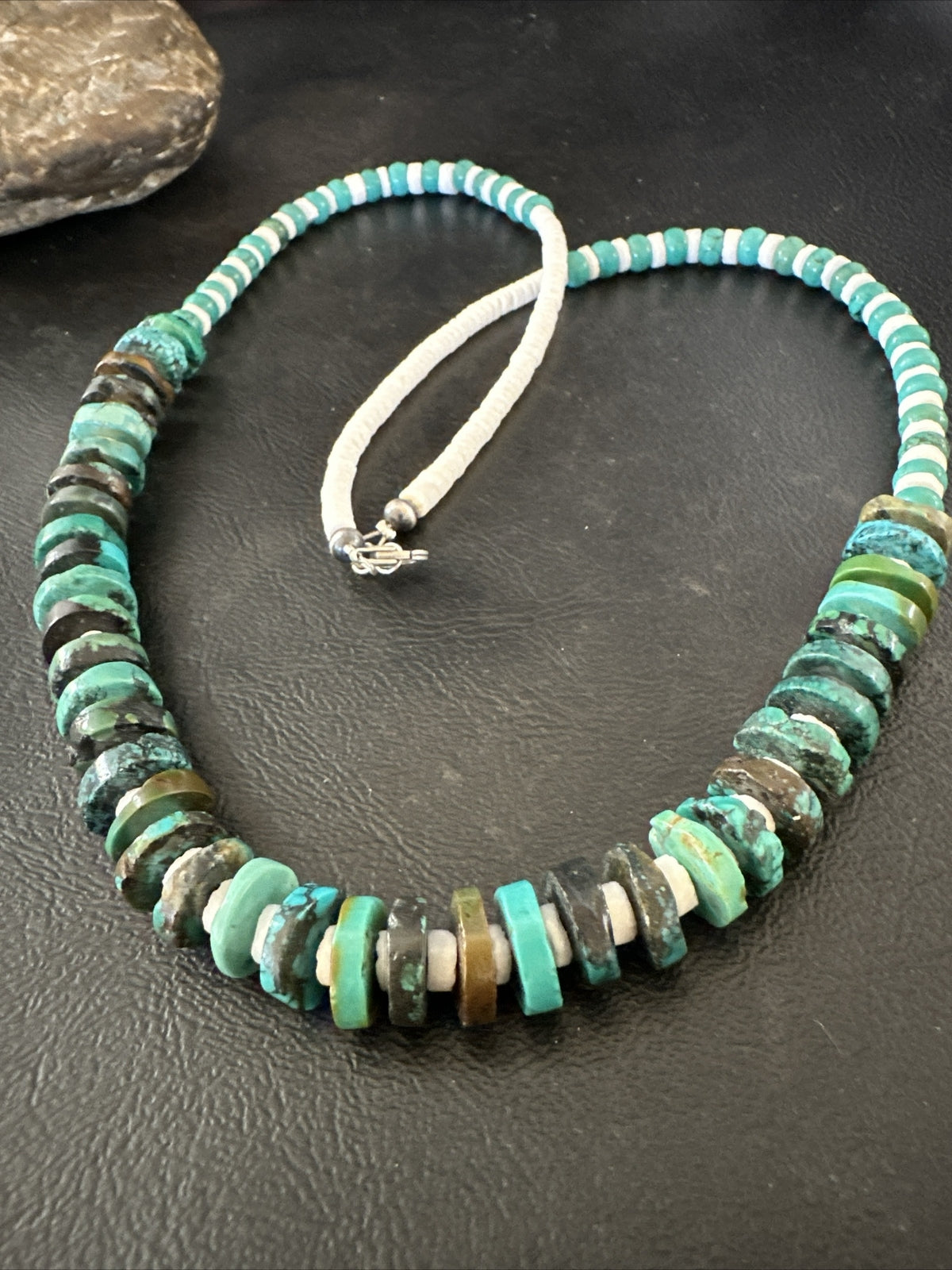 Navajo Blue Turquoise Shell Heishi Sterling Silver Bead 25” Necklace 17853