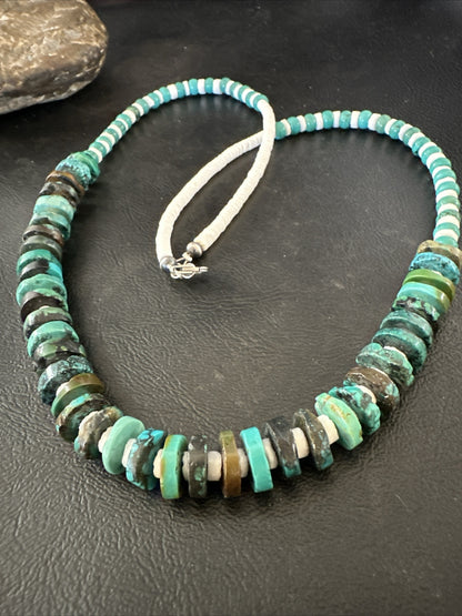 Navajo Blue Turquoise Shell Heishi Sterling Silver Bead 25” Necklace 17853