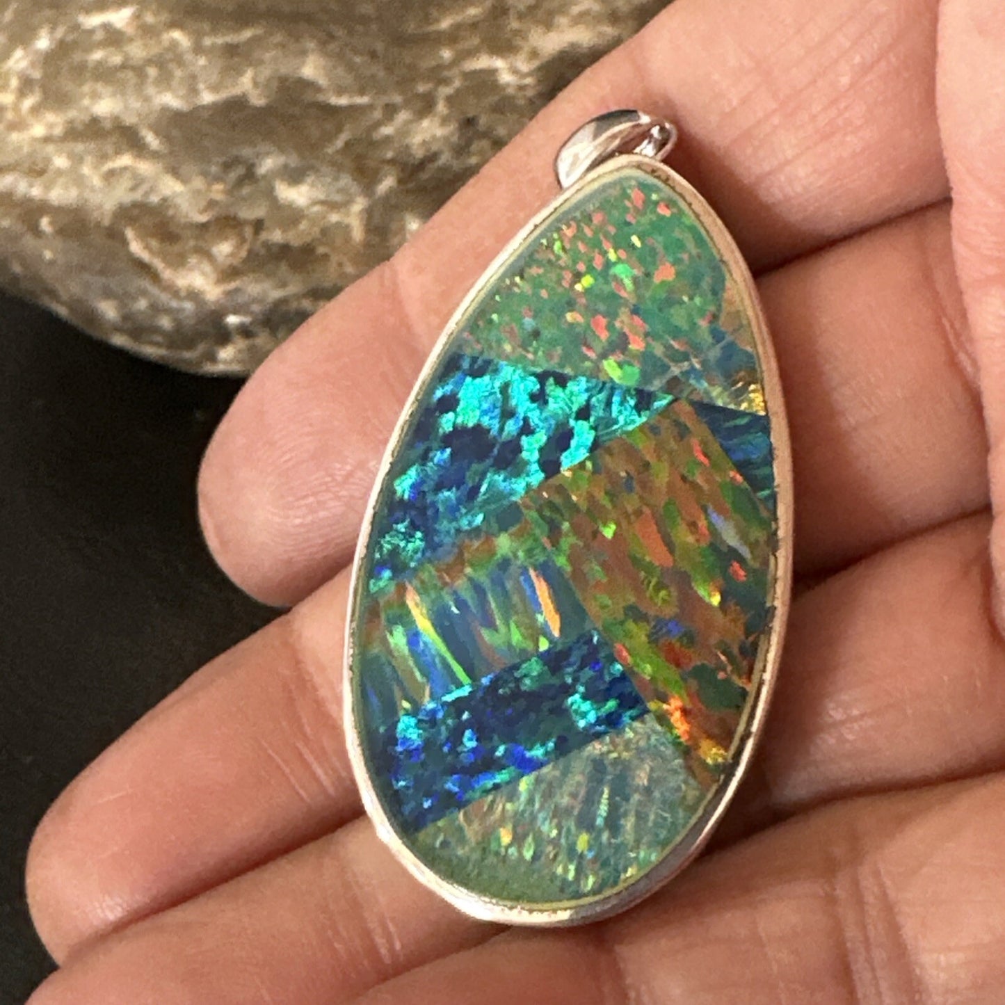 Mens Womens Multicolor Gilson Opal Navajo Sterling Silver Inlay Pendant 18609