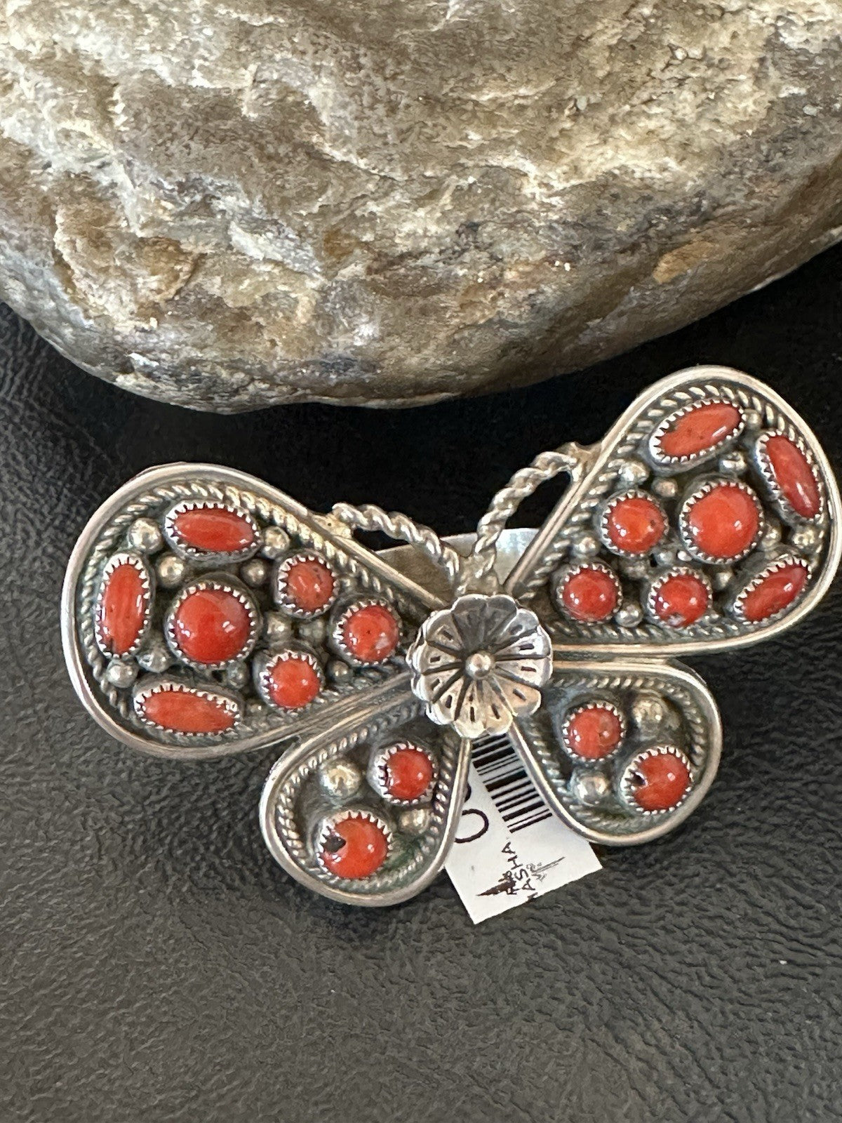 Red Coral Butterfly Sterling Silver Cluster Navajo Ring Size 8 00988