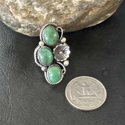 Yazzie Ring Green Turquoise Navajo Sterling Silver Cluster Size 7 19244