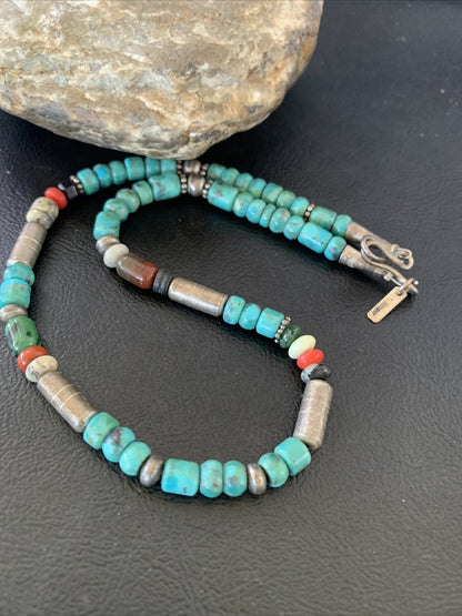 Turquoise Spiny Oyster & Coral Beads Sterling Silver Gold Necklace 10396