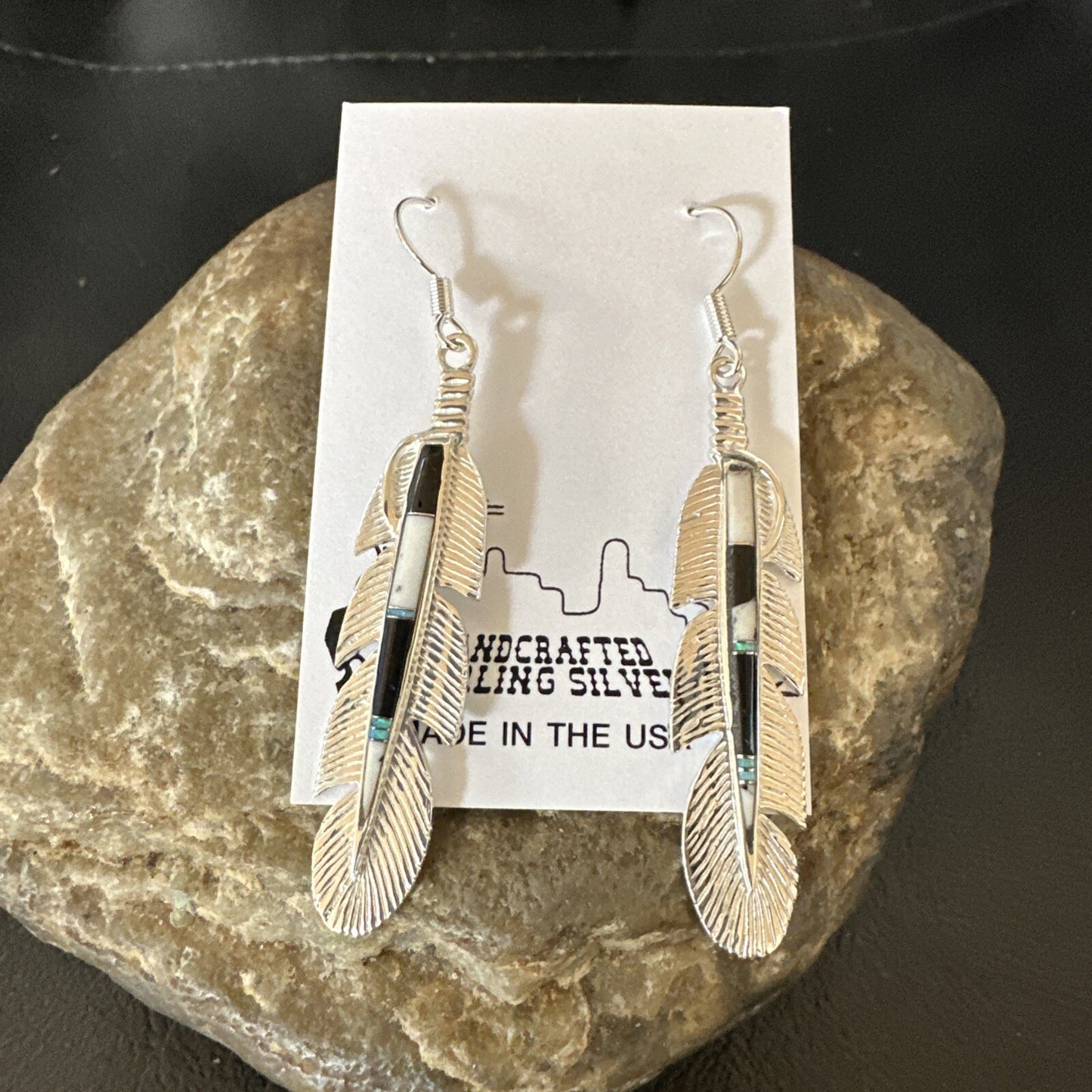 White Buffalo Turquoise Opal Sterling Silver Handmade Feather Earrings 18696