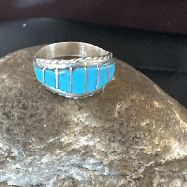Navajo Blue Turquoise Inlay Band Ring Sz 8 | Authentic Native American Handmade | 17970